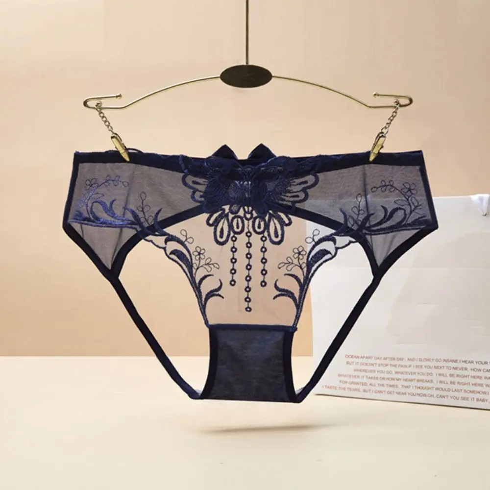 

Low Waist Bowknot Lace Hollow Briefs Thin Leaf Flower Mesh Transparent Panties Open Cotton Crotch Female Lingerie