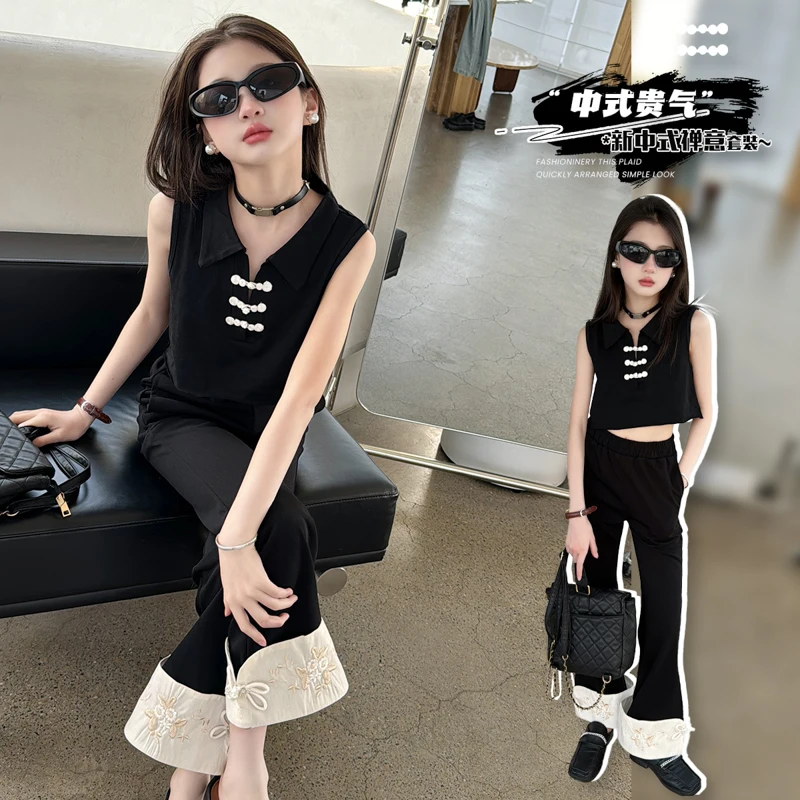 

Sweet Cool Girls Wear 2024 Summer Set Cotton Top High Elastic Pants Design Patchwork Embroidered Button Trousers Elegant Chinese