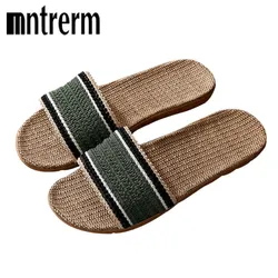 Fashion Household Slippers Flip-Flops Shoes Women Linen Slippers Beach Sandals Summer Breathable Flat Shoes Striped Sandals