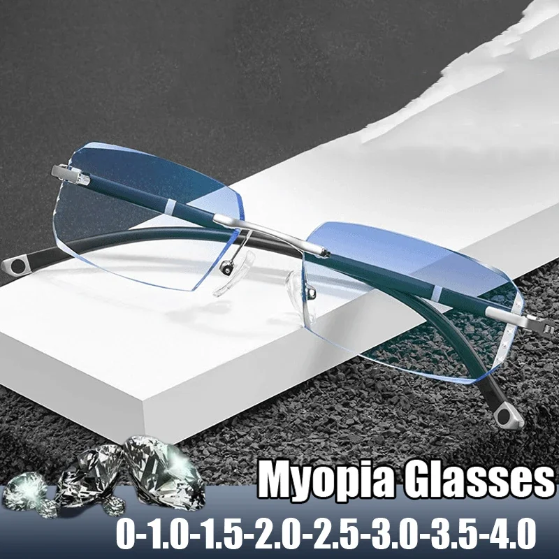 

Anti Blue Light Rimless Computer Near Sight Glasses Diamond Cutting Myopia Glasses Women Men Finished Prescription Minus Eyewear