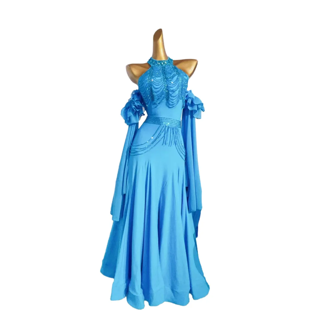 Dança latina adulto crianças vestido ab pedra high-end personalizado azul vestido moderno cha cha tango roupas femininas