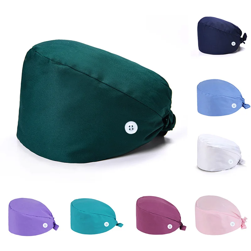 1PC High Quality Head Protection Work Hat Solid Color Nurse Hat With Button Adjustable Doctor Surgical Cap