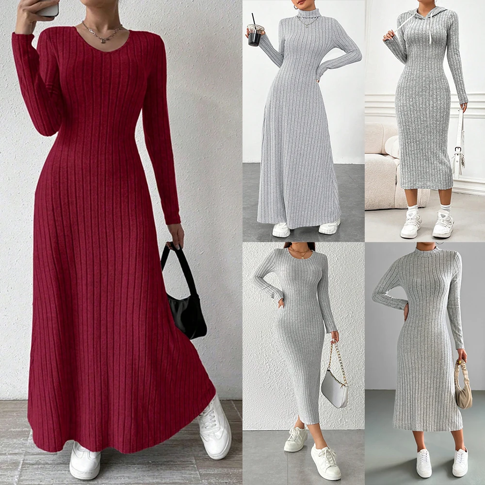 Women Elegant Bodycon Knit Dress Autumn Winter Hooded Turtleneck Temperament Slim Long Sleeve Solid Ribbed Long Dress Streetwear