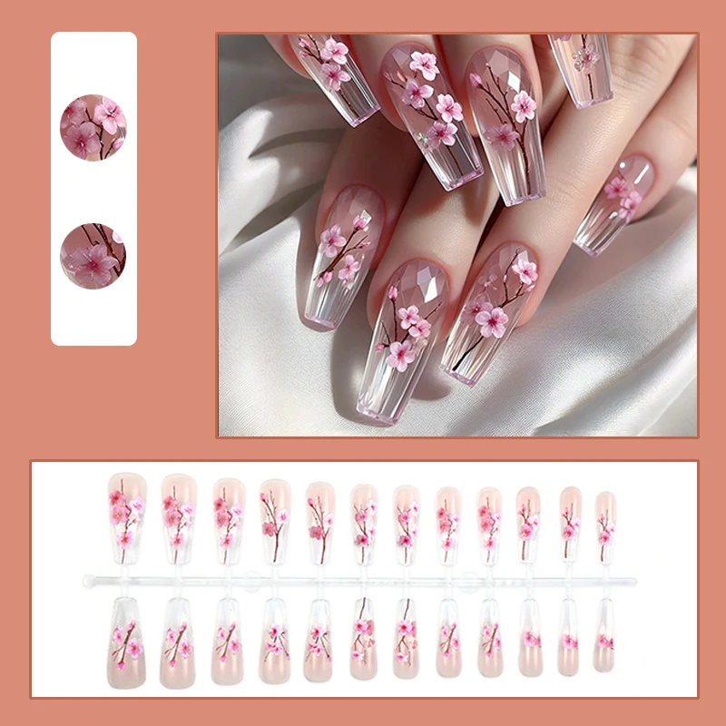 

24 Pieces Pink Plum Blossom Transparent Wearable Fake Nails Chinese Style Painted Flower False Nail Press on Nail Tips