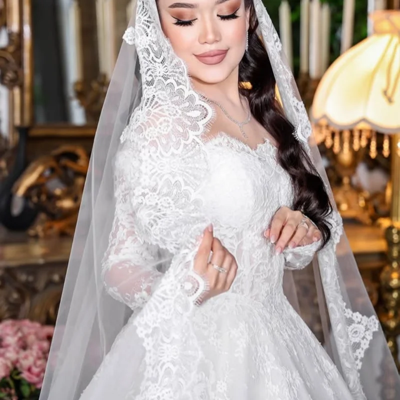 Shiny Lace ivory Appliques Wedding Dresses of A-line long sleeves decal Bridal Gowns Made Customized