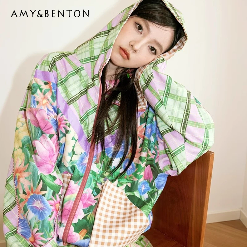 

2025 Autumn New Pink Green Flower Sports Women's Coats Original Design Plaid Animal Splicing Sweet Cool Hooded Jacket Ladies