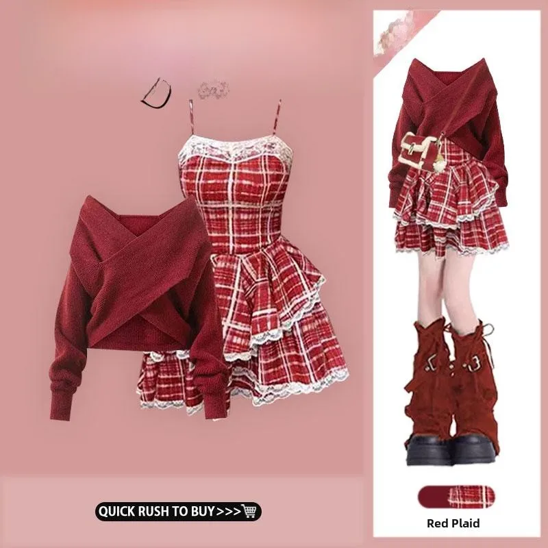 

Korean Style Red One Shoulder Cross Waist Knitted Sweater Sweet Plaid Dress Set Long Sleeve Sweetness Women's Fashion Set