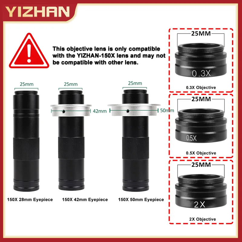 YIZHAN 0.5X Microscope Auxiliary Lens 25mm Barlow Lens Objective 150X C-mount Zoom Lens 28/40/50mm Installation Diameter Tools