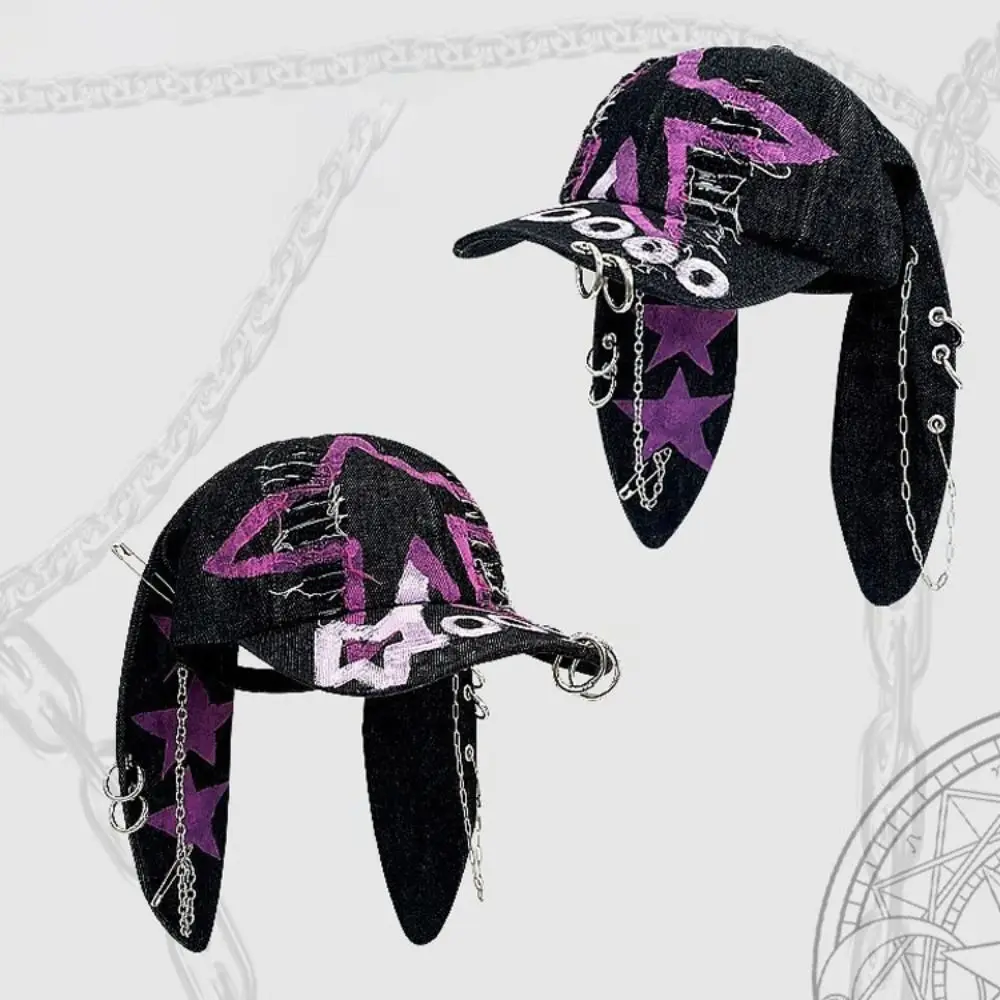 

Niche Design Dark Color Rabbit Ears Baseball Cap Ripped Design Adjustable Y2k Trend Cap Denim Metal Ring Cap Fashion Statement