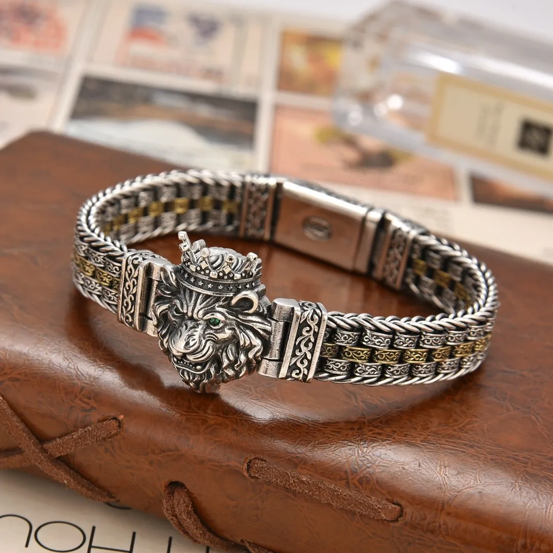 

S925 sterling silver hand-woven lion tangcao button men's bracelet stylishretro domineering jewelry