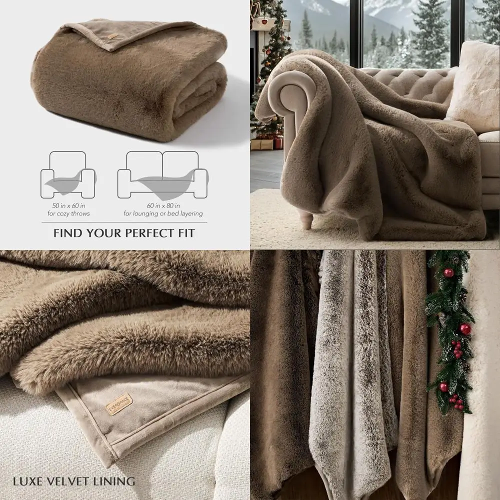

Cozy Tawny Mink Faux Fur Throw Blanket, Plush Reversible Velvet, 50x60 for Couch & Bed