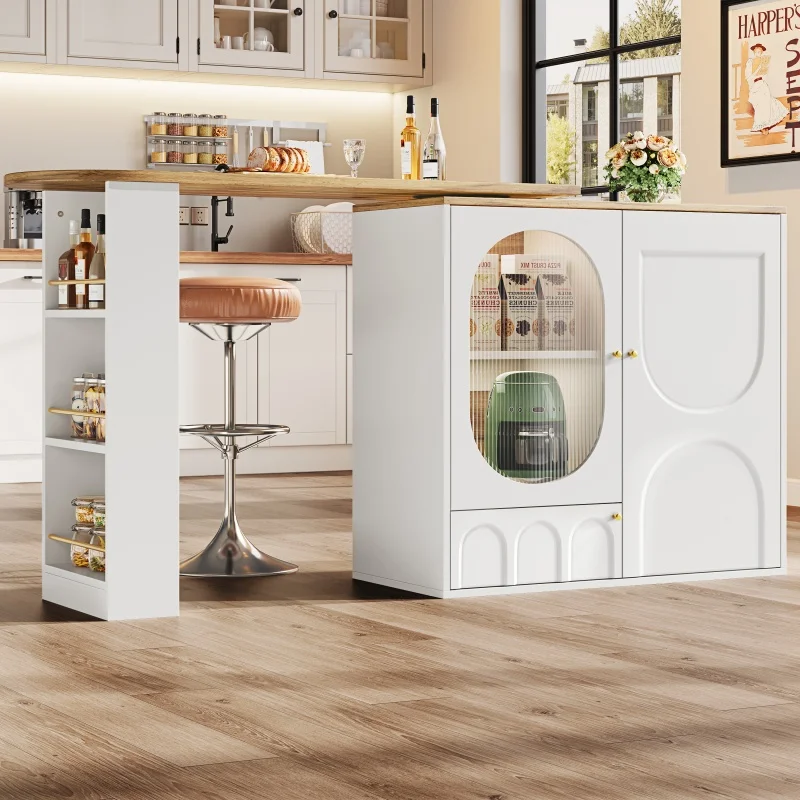 # Rotating Bar Table Coffee Kitchen Island Dining Table 3 Drawers 6 Shelves Storage Space Modern MDF Durable