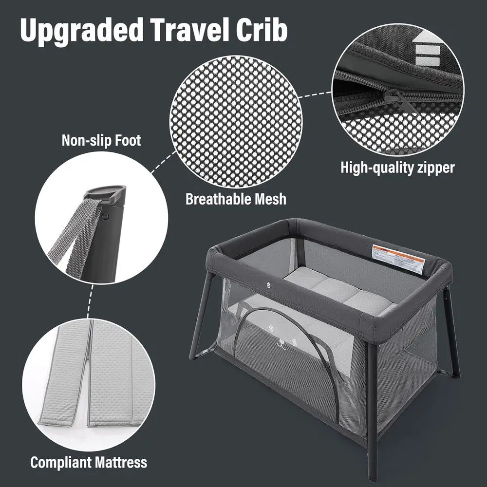 Kompaktes Baby-Reisebett, tragbarer Laufstall mit Matratze, leichter Rucksack-Stil, Dunkelgrau