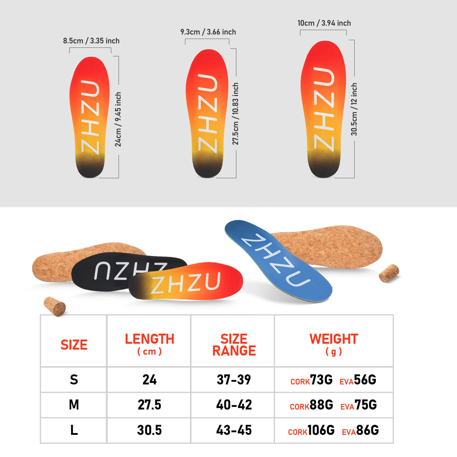 2 Pairs Arch Support Insoles ZHZU Cork Shock Absorbing Shoe Inserts Flat Feet - Arch Pain - Metatarsalgia Pain Relief Support