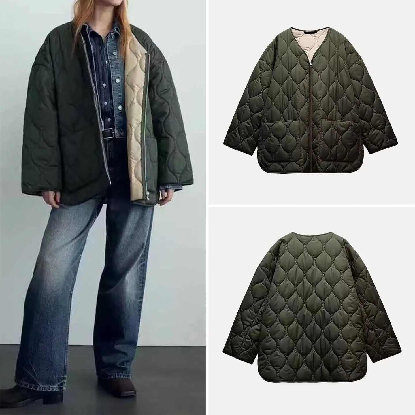 

Faionable Loose Long Sve Jaet Women's Sle Autumn New Arrival Simple Ele V-Ne Zipper Closure Color Coat