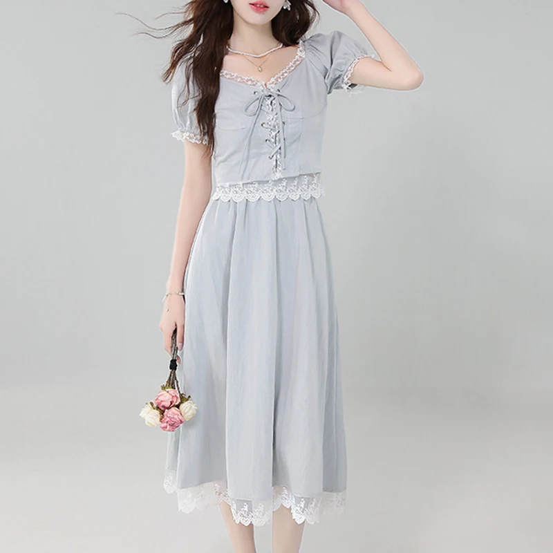 

Summer Women Elegant 2-Piece Set Korean Fashion Lace Splicing Short Sleeve Slim Crop Tops + A-Line Skirts Casual Sweet Suit