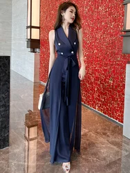 Summer Women Jumpsuits Chic Commute Formal Sexy Sleeveless Party Femme Mujer Ribbon High Waist Wide Leg Loose Long Pants Rompers