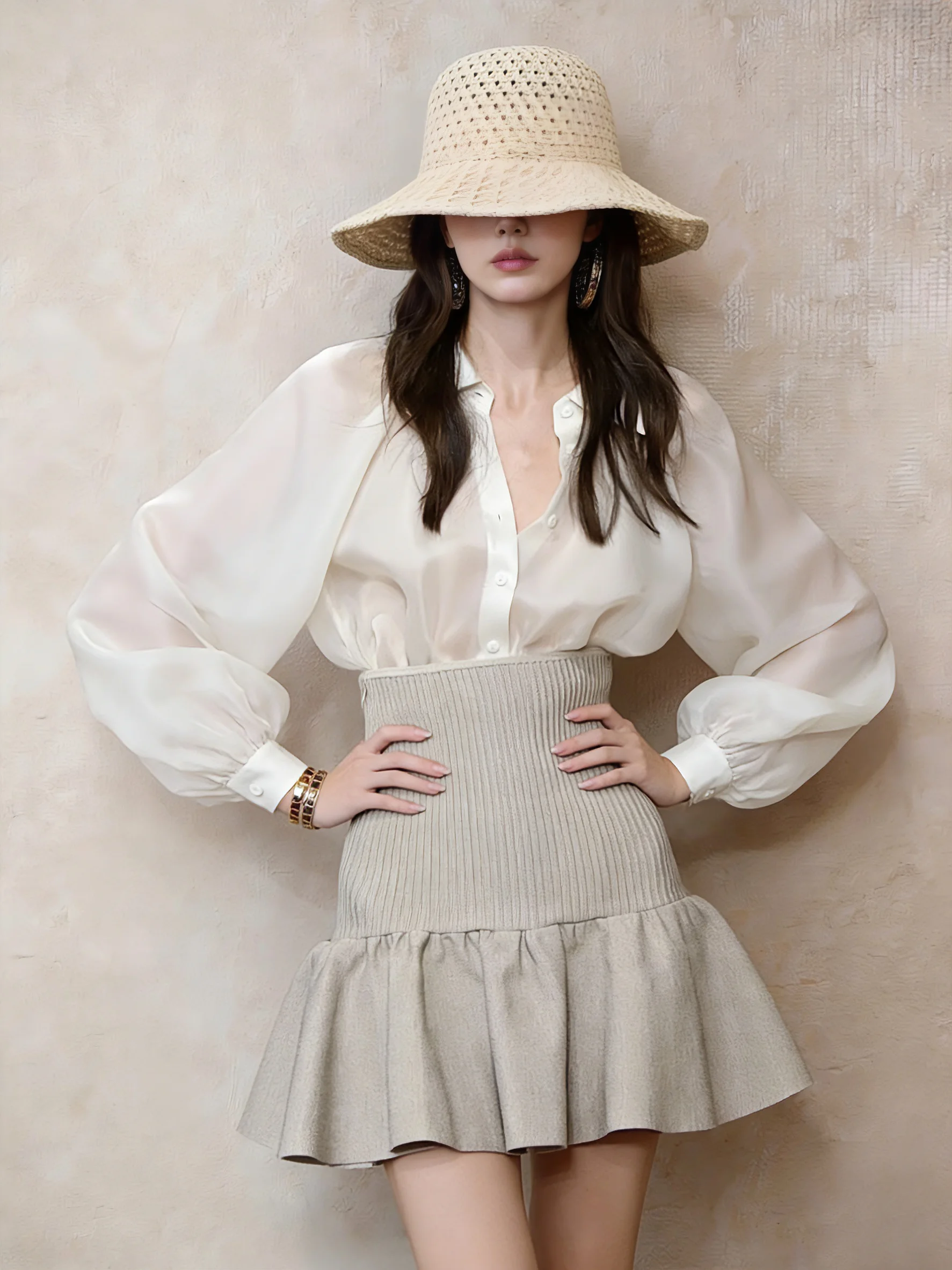 

Unique Beautiful Lantern Sleeve Shirt A-Line Skirt Set Spring Casual Wear High Waist Long Sleeve Button up Loose Fit Fashion