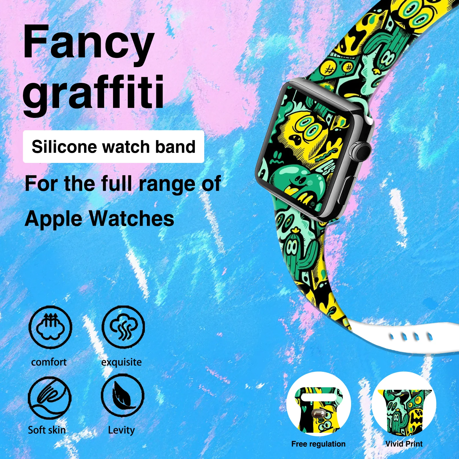 

Strange Graffiti series Band for Apple Watch 10 9 8 7 Silicone Strap Replaceable Bracelet Watchband for iWatch 46mm 44mm 42mm