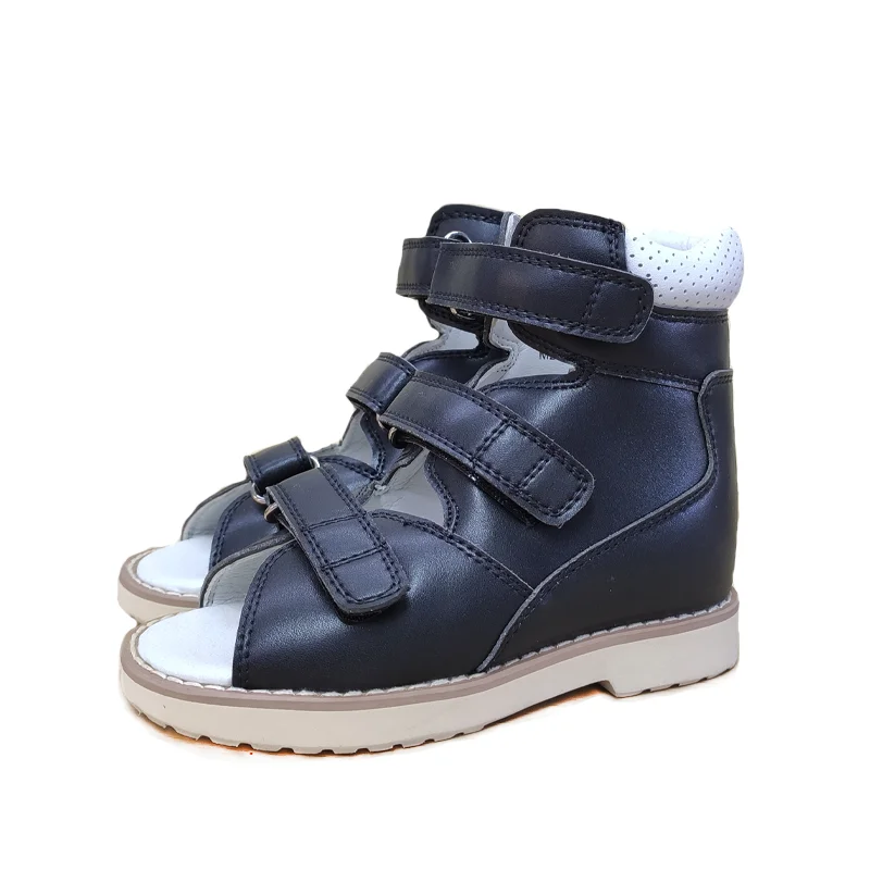 2024 Boy Kid Orthopedic Shoes For Children Summer Black Leather Sandals Toddler Footwear Flat Feet With Ankle Support