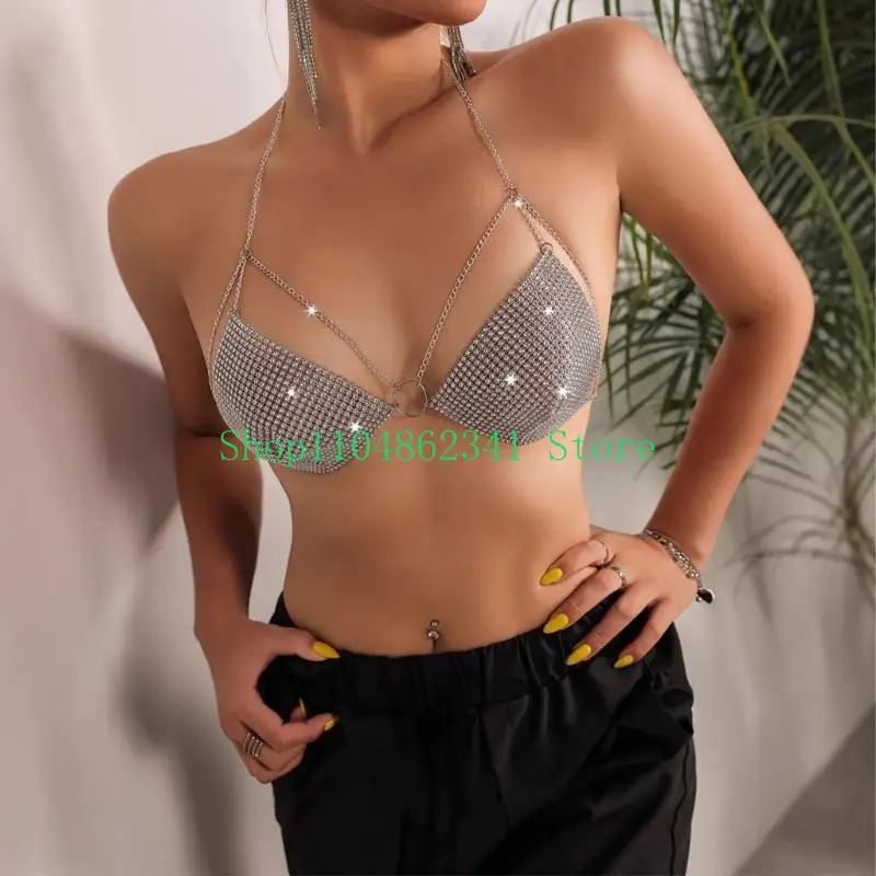 5ASD女性エレガントなラインストーンメッシュカミークロップトップスパークリングホルターボディチェーンキャミソールビキニブラジャーダンスパーティーとイベント