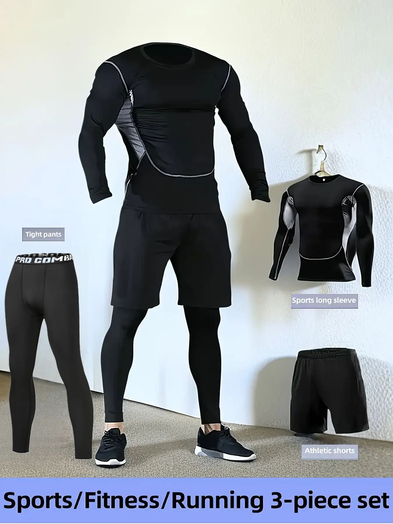 بدلة لياقة بدنية جديدة عصرية للرجال مكونة من ثلاث قطع، ملابس للجري واللياقة البدنية سريعة الجفاف ومعدات ضيقة