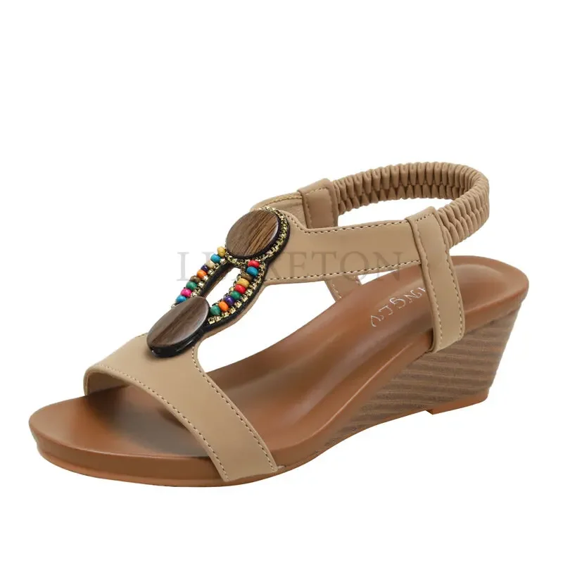 Women Sandals Summer Shoes Slip on Ladies Wedge Sandals Fashion Rhinestone Wooden Beads Open Toe Casual Female Footwear Mujer