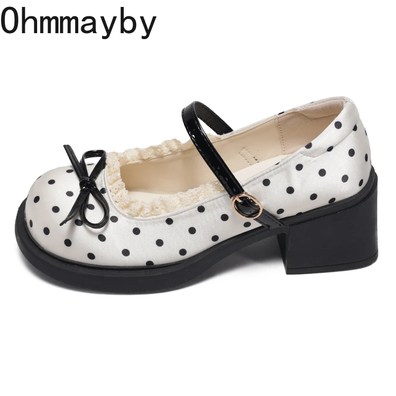 Cute Polka Dot Thick Heel Women Mary Jane Shoes Comfort Shallow Strap Pumps Ladies Eelgant Butterfly-knot Dress Single Shoes view 6