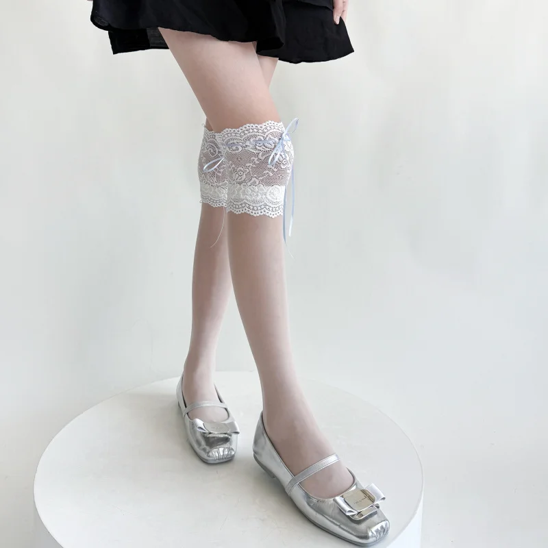 

Summer Ultra-Thin Sweet Style Ultra-Thin Any Cut Girl Large Lace Ribbon Bow Pure Desire Milky White Over-the-Knee Socks