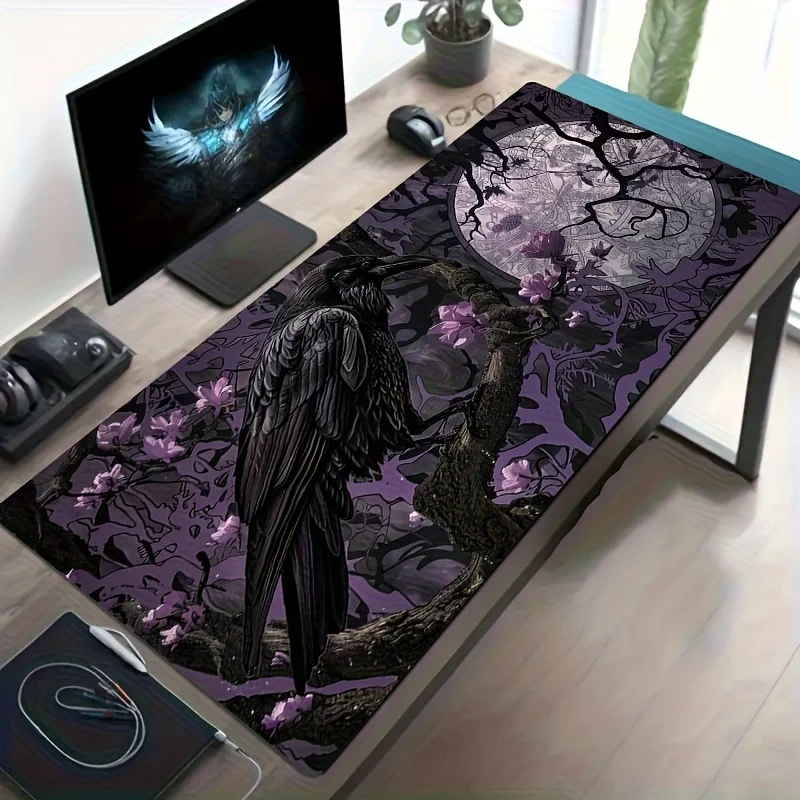 Gothic Raven Moonlit Night Mauspad, Faser, Blumenmuster, schwarzer Zweig, Büro, Gaming, mystisches Schreibtischzubehör, Schreibtischunterlage, erweitertes Pad