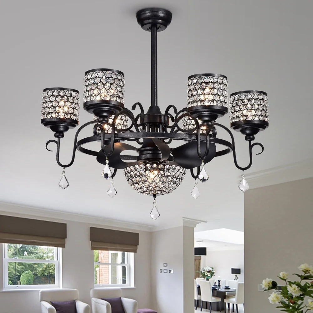 35 بوصة أسود كريستال Fandelier مروحة السقف التحكم عن بعد 7 ضوء الثريا الحديثة الحديد تصميم كفاءة دوران الهواء
