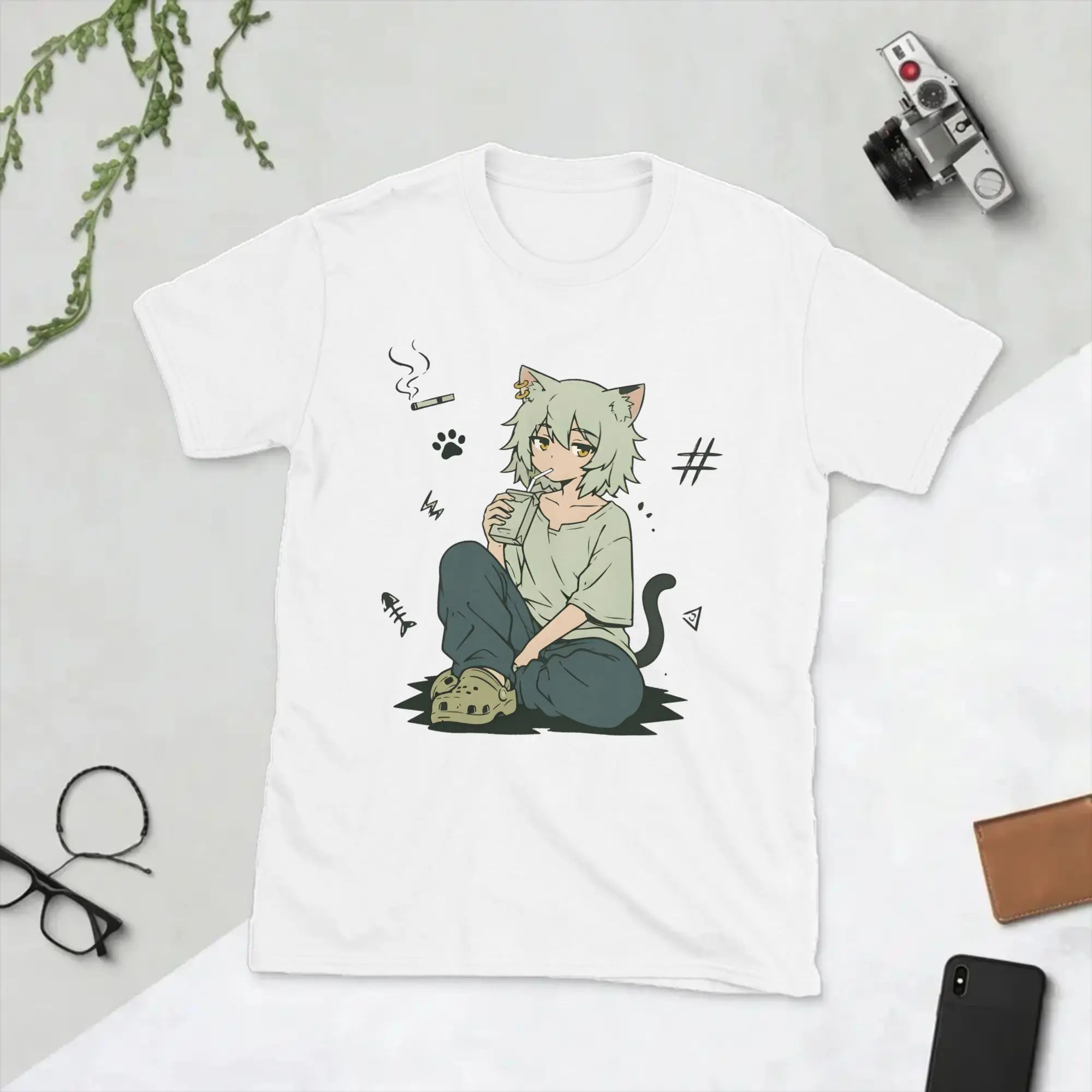 Men Chainsmoker Cat Yani Neko Anime T Shirts  100% Cotton Tops Humor Short Sleeve Crewneck Tee Shirt New Arrival T-Shirts