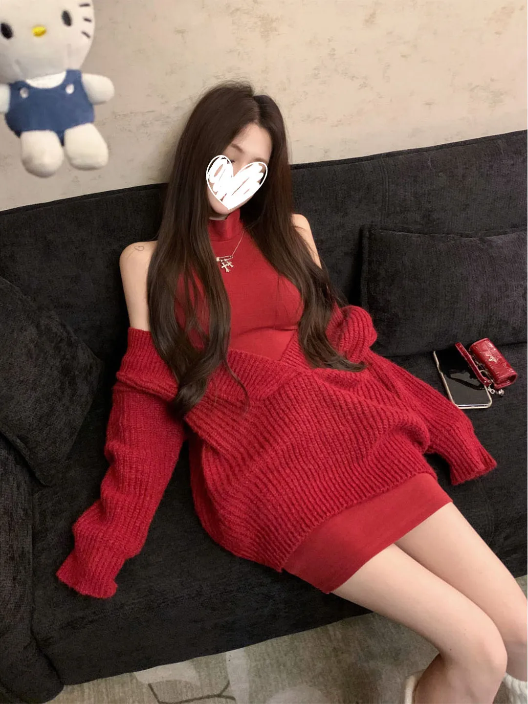 

Elegant Red V-Neck Long Sleeve Sweater Women's Fashion Set with Vest Dress Two-Piece Suit for New Year Casual High Waist