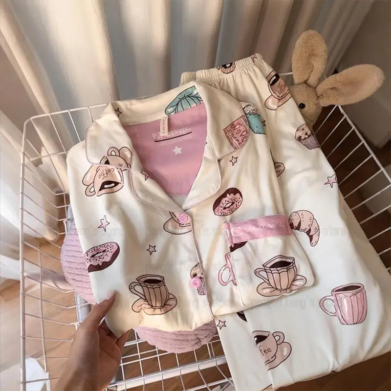 

Winter Sleepwear Women Warm Velvet Fleece Pajamas Suit 2Pcs Long Sleeve Nightwear Cute Cartoon Print Home Clothes Loungewear