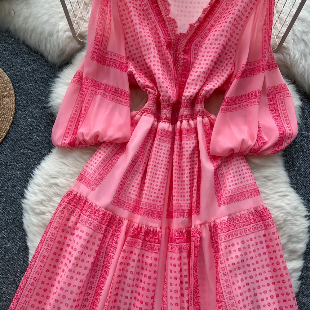 Chic vintage V-neck ruffle print slim Elegant Fairy korean fashion Boho Sundress women clothing Long dress