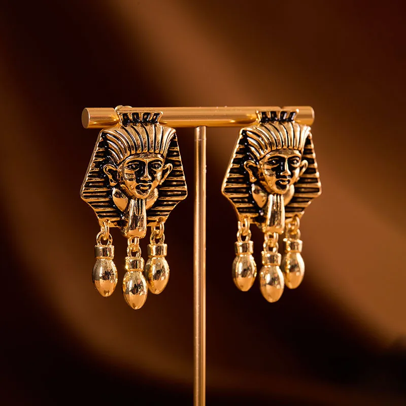 Qingdao medieval style Egyptian pharaoh statue water drop drop combination earrings retro personality niche design exotic style