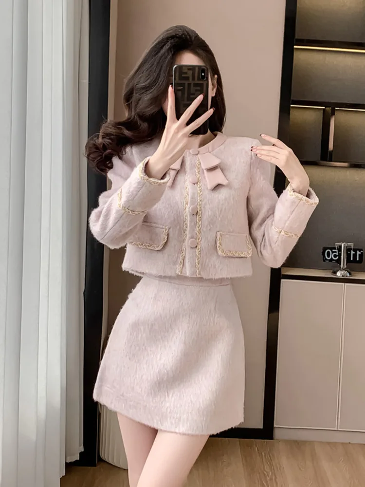 High Quality Fashion Sweet Woolen Two Piece Set For Women Fall Winter Bow Short Jacket Coat + Mini Skirt Suits Conjuntos Cortos