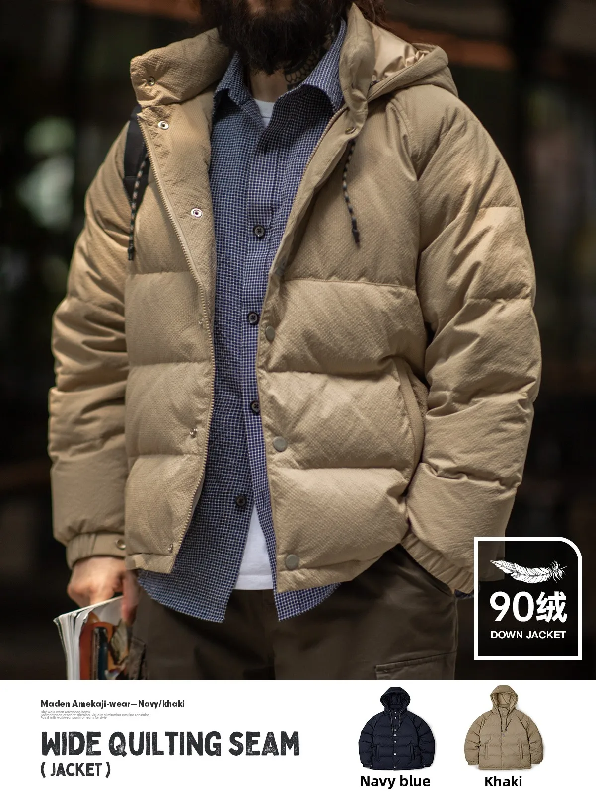 

Maden American Retro Quilted down Jaet 90 White Du Feather Khaki Hooded Bread Sle Coat Men Winter Warm Outerwear