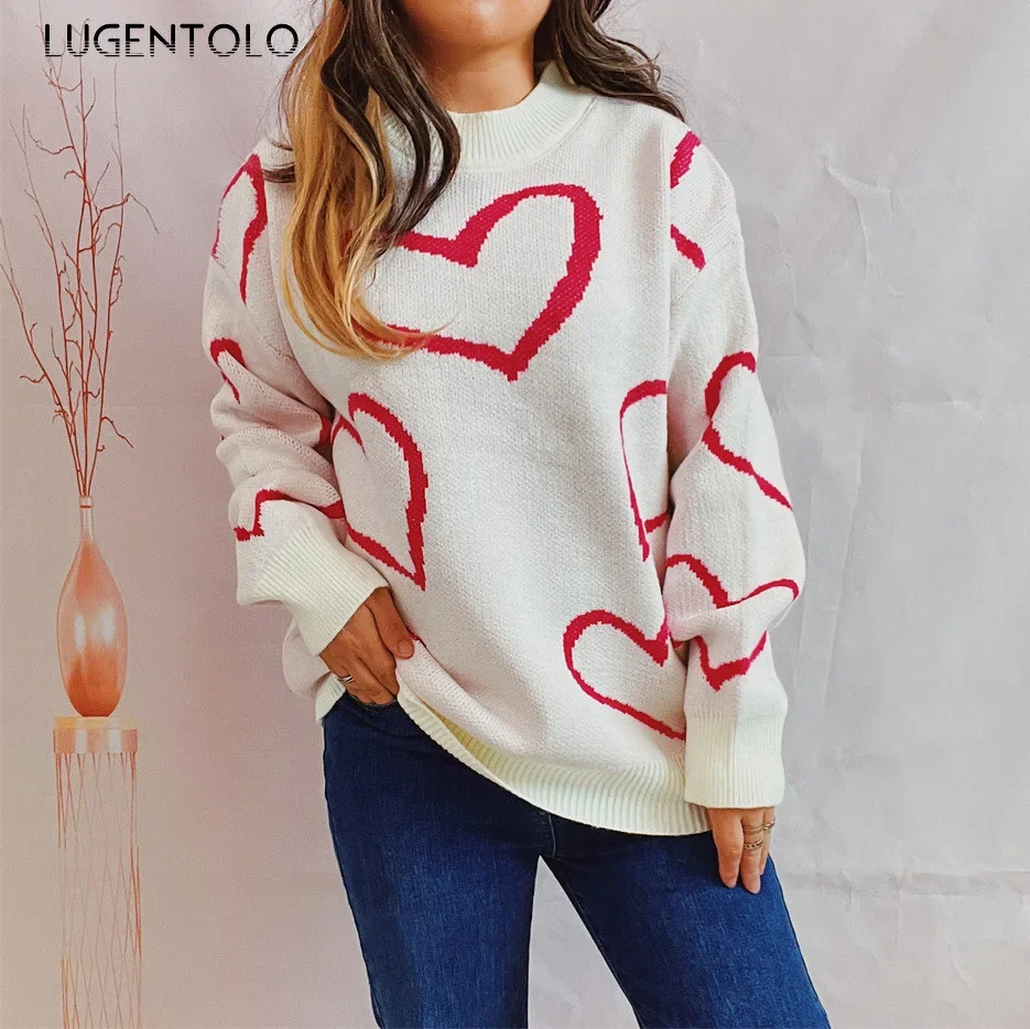 

Women Love Pattern Sweaters O-neck Long Sleeve Autumn Winter Thickened Knitted Lady Pullover Casual Loose Cloth Lugentolo