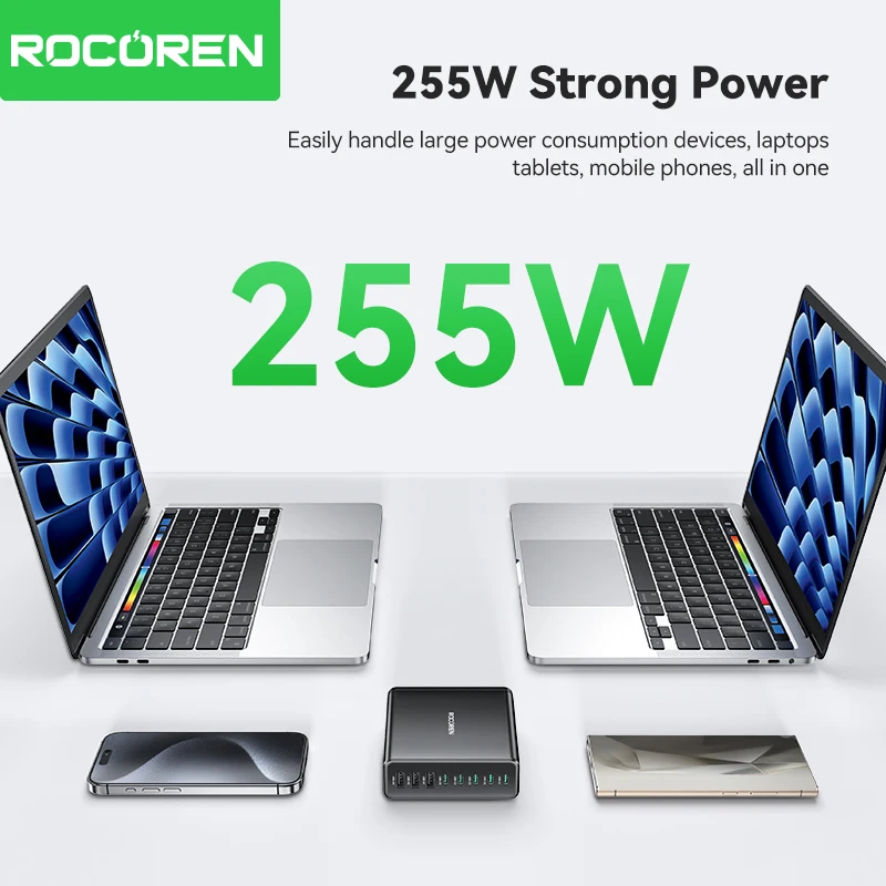 Rocoren 255W 8 in 1  USB Type C Charger Multi Ports Desktop Charger PD Fast Charge Power Station For iPhone16 15 Pro Max Xiaomi