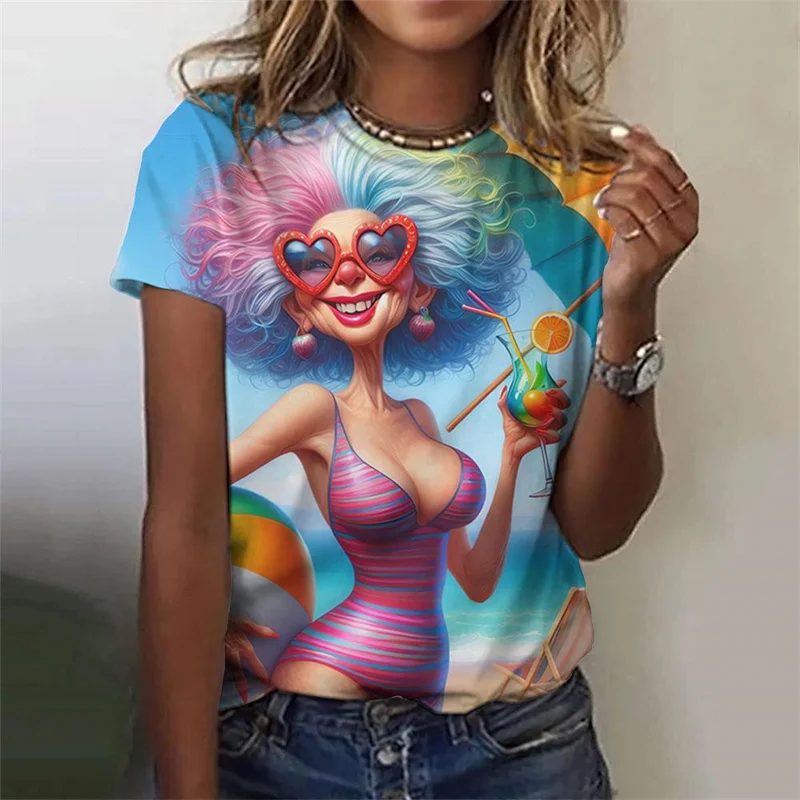 Koszulka z nadrukiem 3D Cartoon Granny dla kobiet Kolorowe modne koszulki z grafiką Letnie koszulki casualowe T-shirty z okrągłym dekoltem i krótkimi rękawami