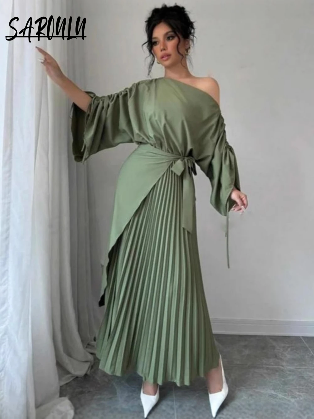 

Green Pleated A Line Evening Gown For Women Exclusive Elegant Prom Dress With Belt Spring Summer S-2XL On Sale Dancing Wear
