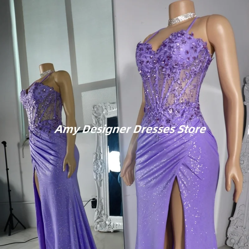 Elegant Purple Mermaid Prom Dress Backless Sequin Evening Party Gowns Exposed Boning Birthday Dresses With Appliques Customized