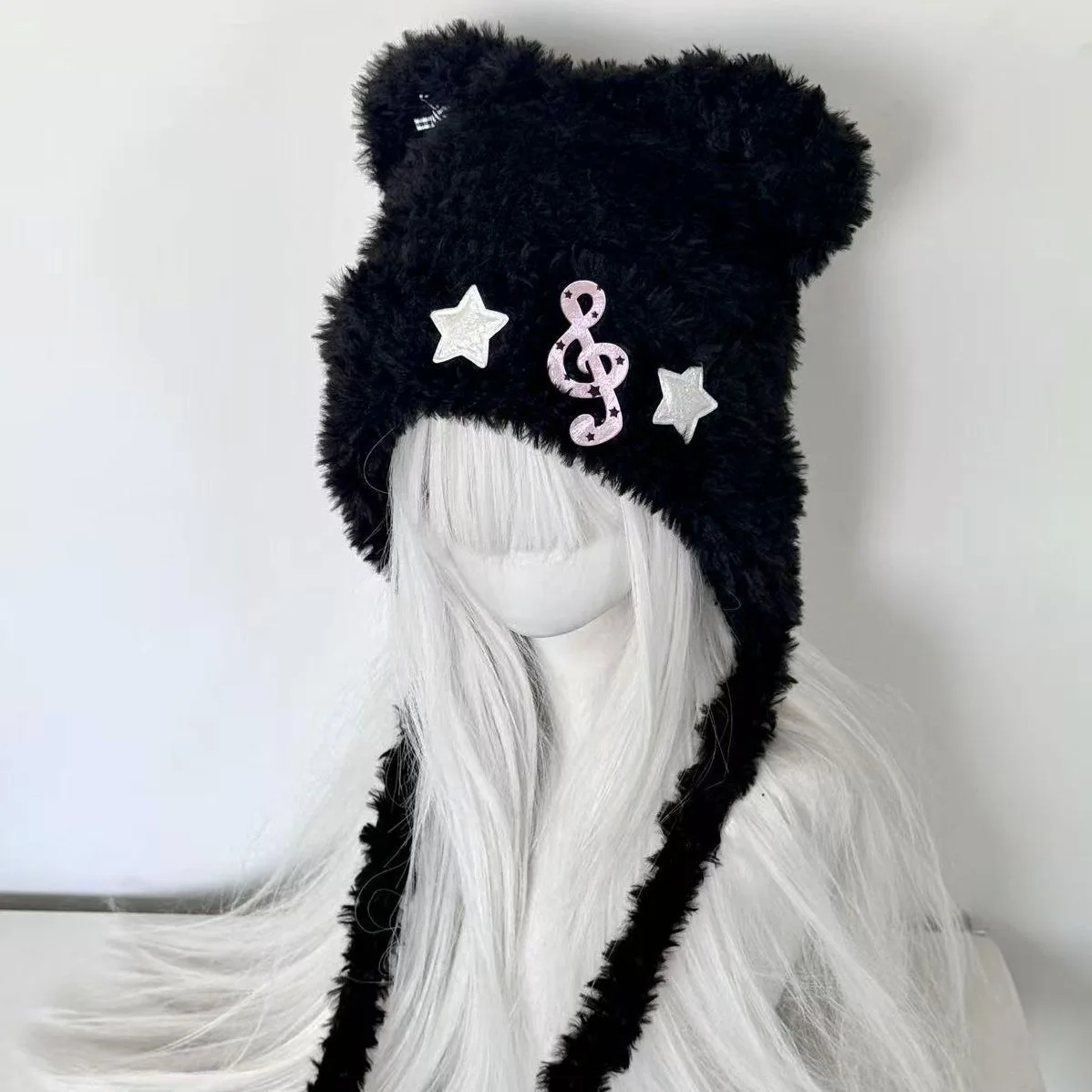 Kawaii Japanese Girl Hat Harajuku Bear Ear Caps Y2K Gothic Punk Warm Star Music Note Bow Knitted Hat Keep Warm Scarf Beanie