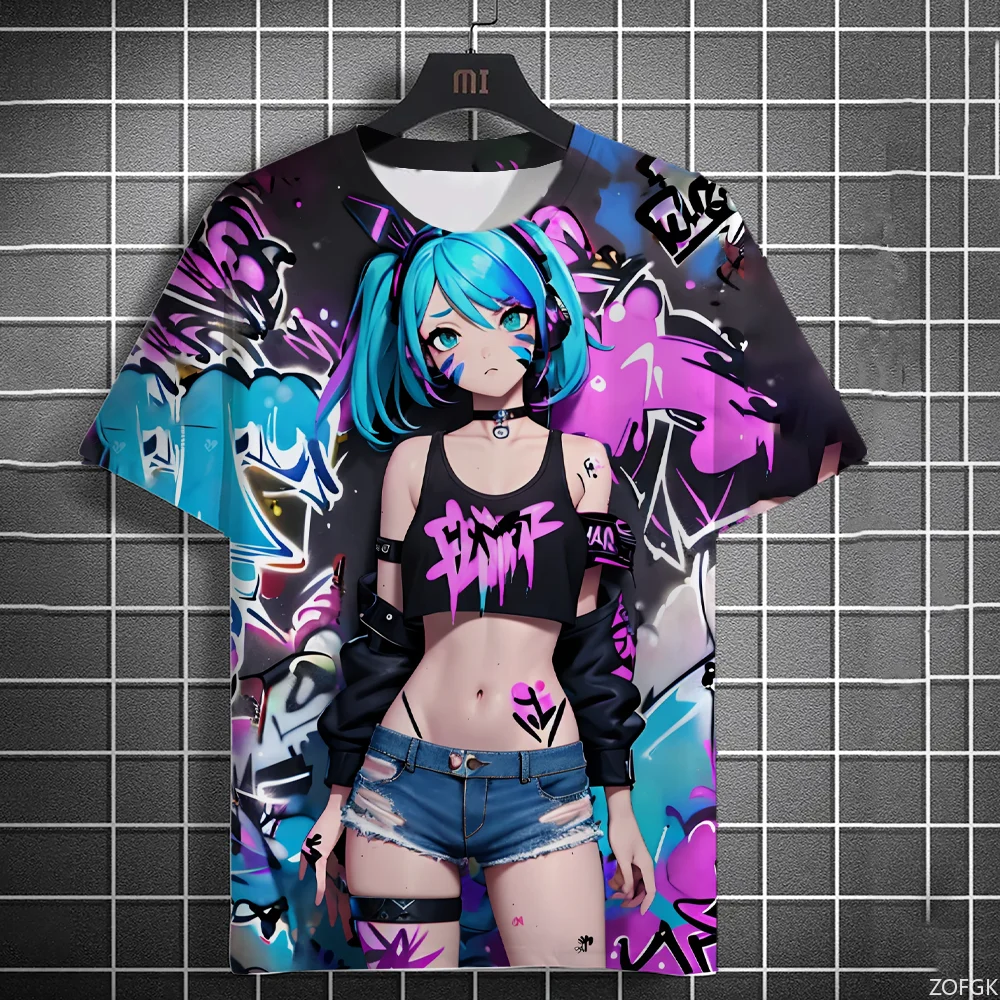 2024 Men's T-shirt Anime Character Graffiti T-shirt 3D Sexy Beautiful Printed T-shirt Trendy Men's and Women's Short Sleeve Top #2