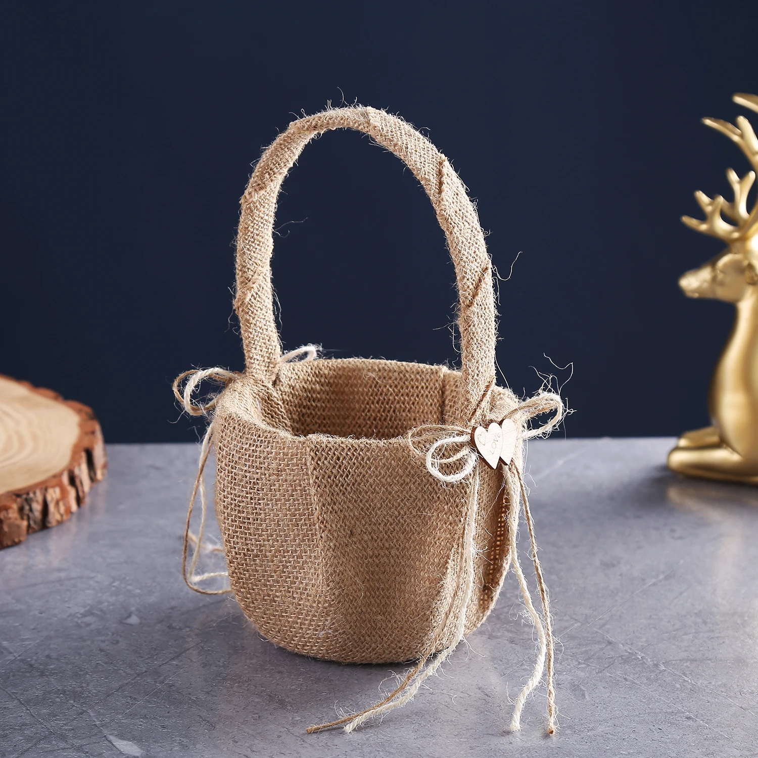 Rustic Burlap Wedding Flower Girl Basket with Wooden Heart Accent Jute Twine Basket for Bridal Ceremony