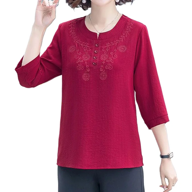 Fashion All-match Solid Color Embroidery Tops for Women 3/4 Sleeve Summer Casual Button Spliced O-Neck T-shirt Female Clothing