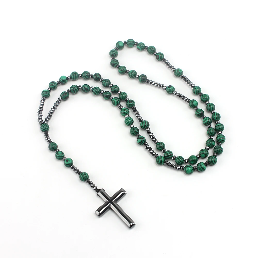 8mm Green Round Beads Cross Pendant Necklace for Men and Women N047