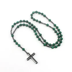 8mm Green Round Beads Cross Pendant Necklace for Men and Women N047