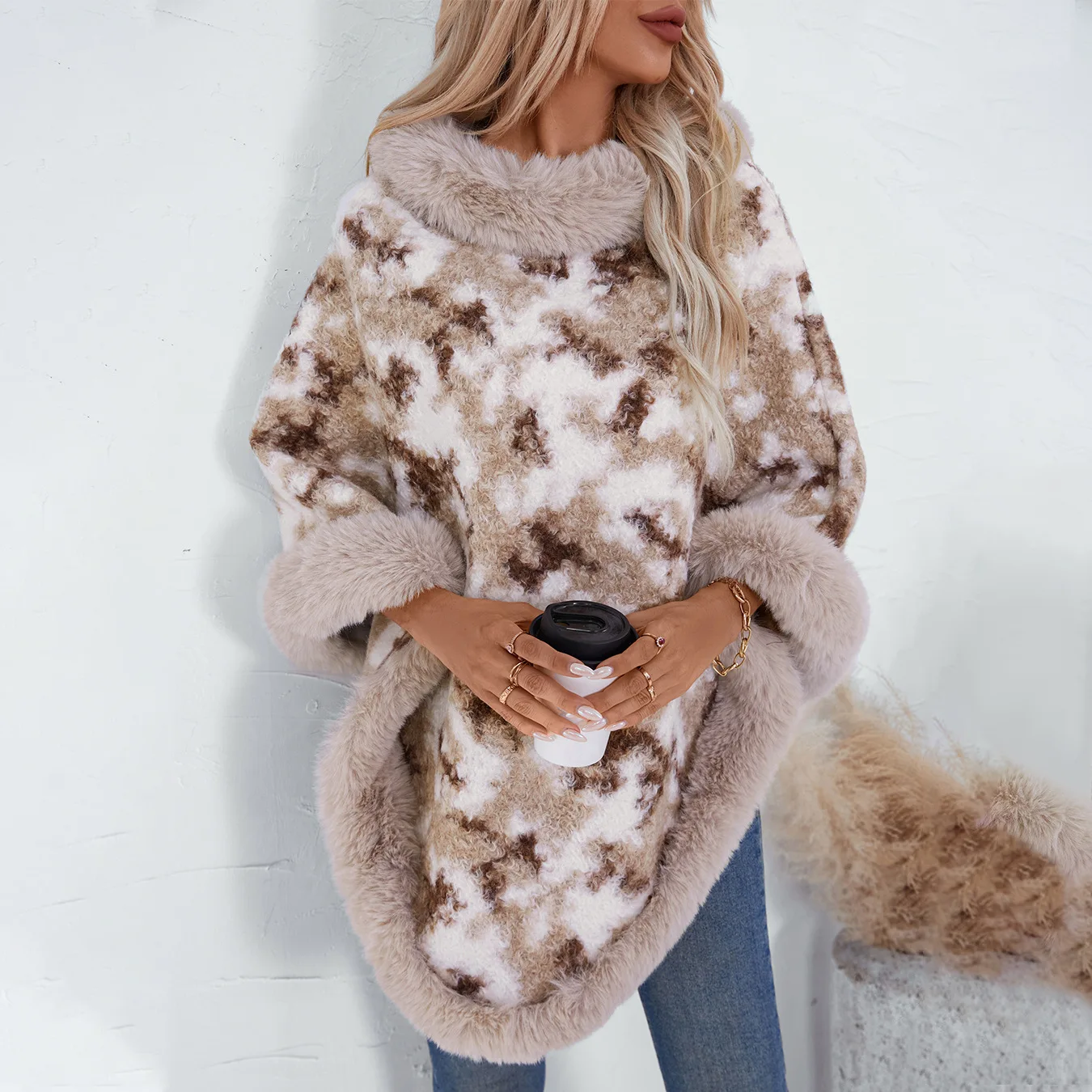 Winter Women\'s Wool Collar Pullover Contrasting Leopard Print Knit Cape Female Retro Loose Sweater Shawl Lady Warm Clothing